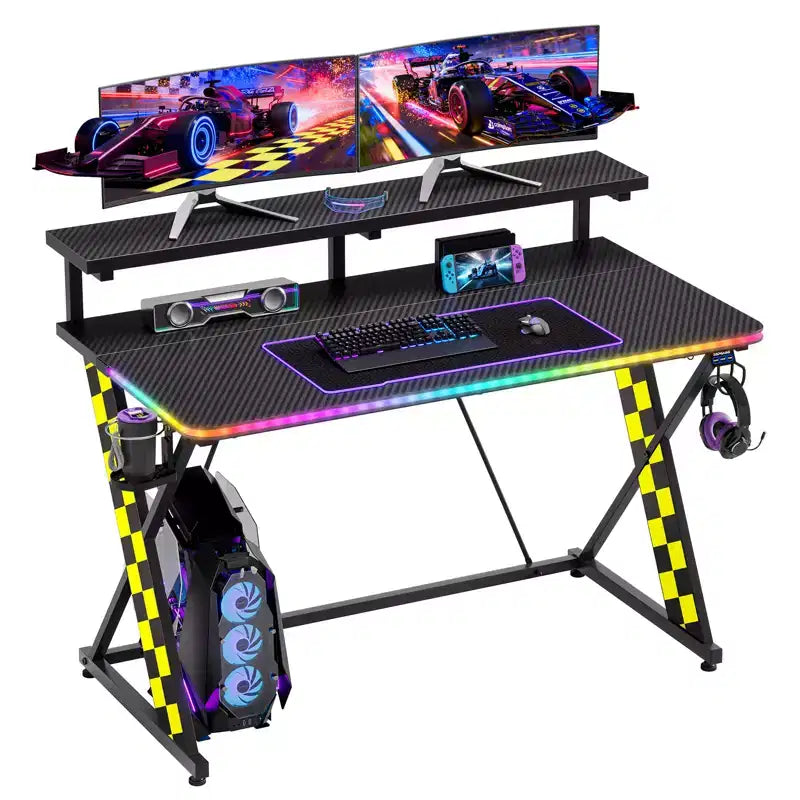 RSPGAME Basic 43 Bureau de jeu lumineux synchronisé avec la musique, support de moniteur ergonomique en forme de X, table de joueur, bureau d'ordinateur avec porte-gobelet et support de casque