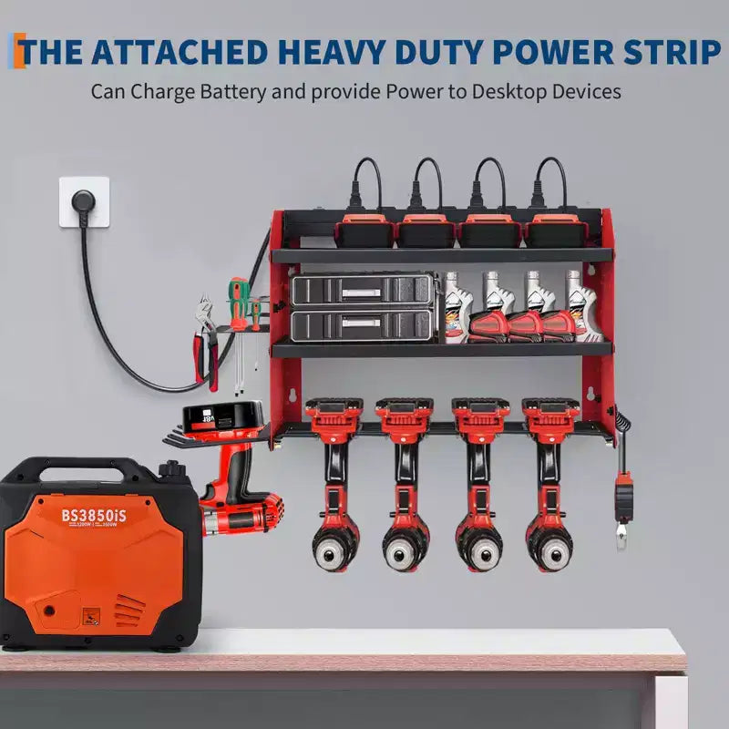 Organisateur d'outils électriques, support de perceuse mural avec station de charge, rangement robuste pour outils électriques à 3/4 niveaux, 4 étagères de perceuse avec crochets