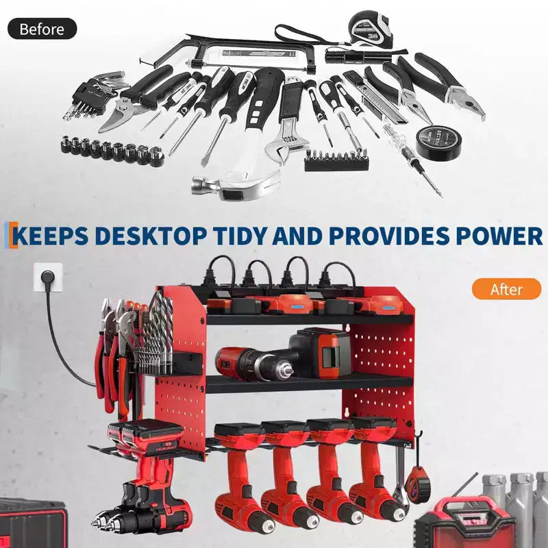Organisateur d'outils électriques, support de perceuse mural avec station de charge, rangement robuste pour outils électriques à 3/4 niveaux, 4 étagères de perceuse avec crochets
