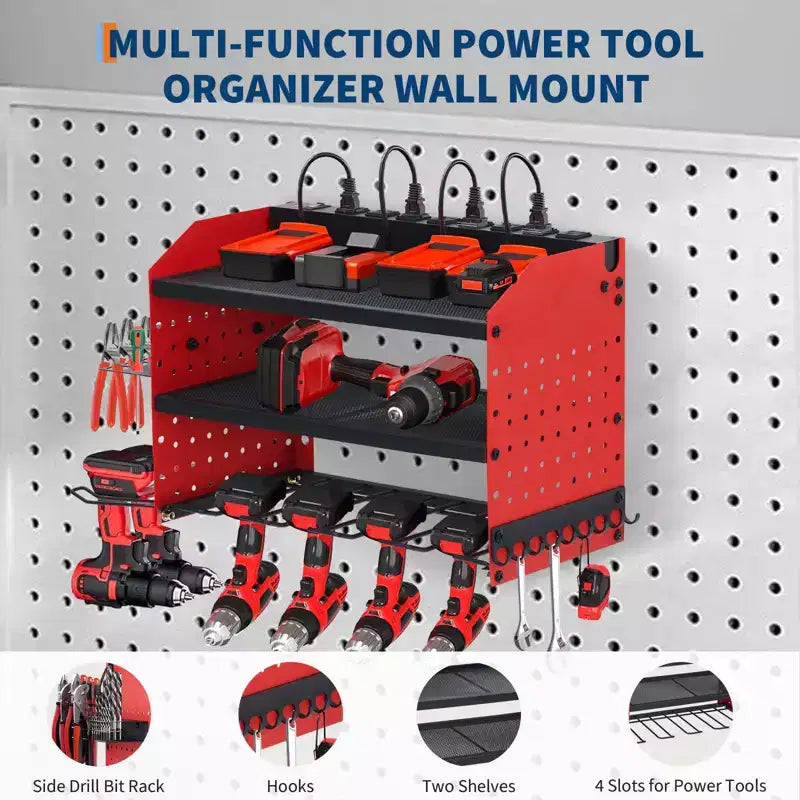 Organisateur d'outils électriques, support de perceuse mural avec station de charge, rangement robuste pour outils électriques à 3/4 niveaux, 4 étagères de perceuse avec crochets