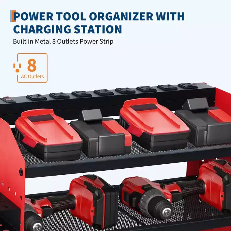 Organisateur d'outils électriques, support de perceuse mural avec station de charge, rangement robuste pour outils électriques à 3/4 niveaux, 4 étagères de perceuse avec crochets