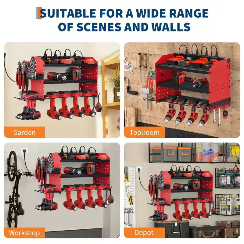 Organisateur d'outils électriques, support de perceuse mural avec station de charge, rangement robuste pour outils électriques à 3/4 niveaux, 4 étagères de perceuse avec crochets