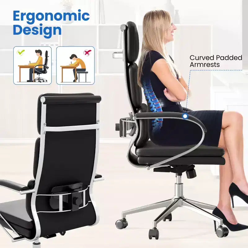 Chaise de bureau ergonomique en cuir Costway Fauteuil de direction avec soutien lombaire réglable