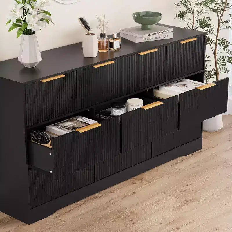 Commode cannelée pour chambre à coucher avec 10 tiroirs, commode moderne de 150 cm de large, meuble TV et placard en bois pour salon et couloir