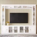 Meuble TV Mural Moderne 4 Pièces, Meuble Console Multimédia avec Bibliothèques et Étagères, Grand Meuble TV avec Porte en Verre Trempé pour TV 80"