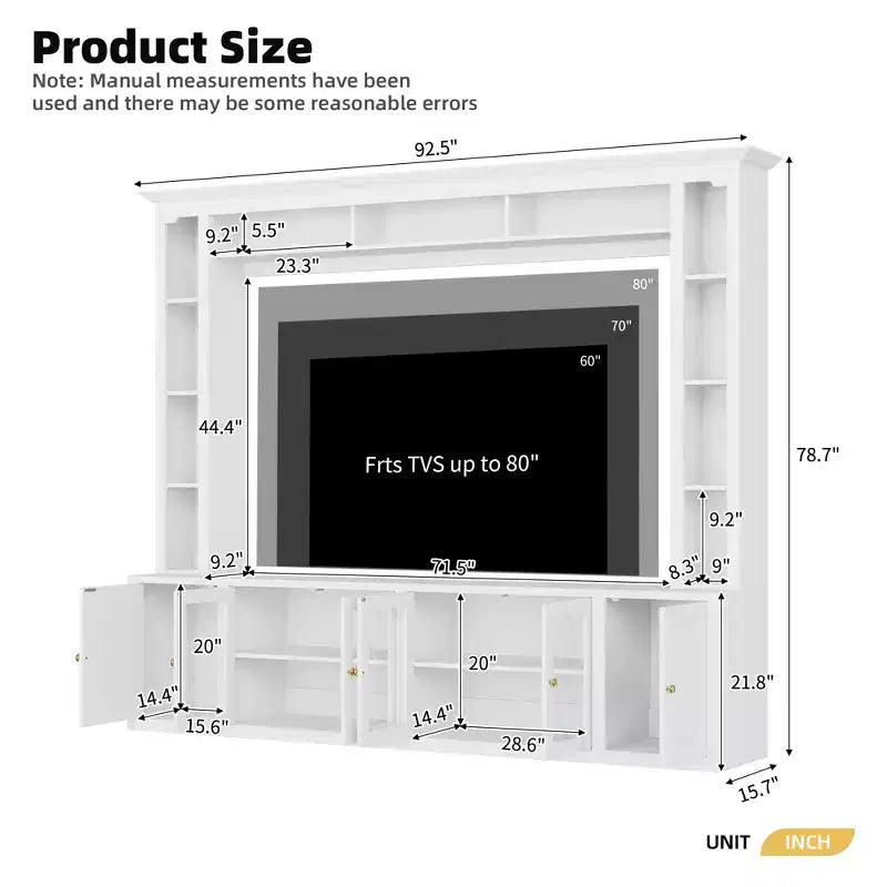 Meuble TV Mural Moderne 4 Pièces, Meuble Console Multimédia avec Bibliothèques et Étagères, Grand Meuble TV avec Porte en Verre Trempé pour TV 80"
