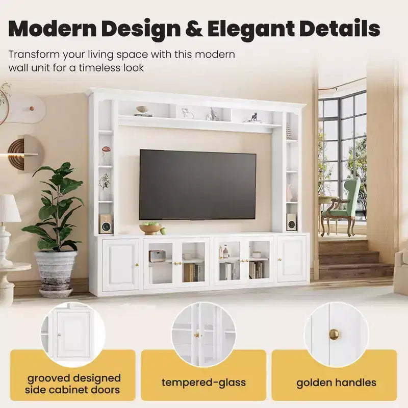 Meuble TV Mural Moderne 4 Pièces, Meuble Console Multimédia avec Bibliothèques et Étagères, Grand Meuble TV avec Porte en Verre Trempé pour TV 80"