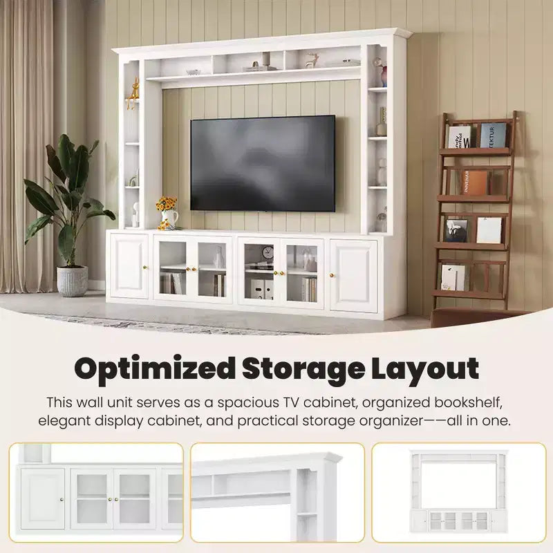 Meuble TV Mural Moderne 4 Pièces, Meuble Console Multimédia avec Bibliothèques et Étagères, Grand Meuble TV avec Porte en Verre Trempé pour TV 80"