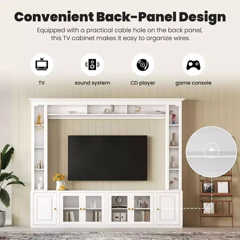 Meuble TV Mural Moderne 4 Pièces, Meuble Console Multimédia avec Bibliothèques et Étagères, Grand Meuble TV avec Porte en Verre Trempé pour TV 80"