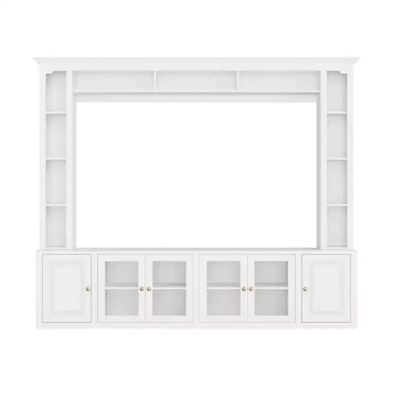 Meuble TV Mural Moderne 4 Pièces, Meuble Console Multimédia avec Bibliothèques et Étagères, Grand Meuble TV avec Porte en Verre Trempé pour TV 80"