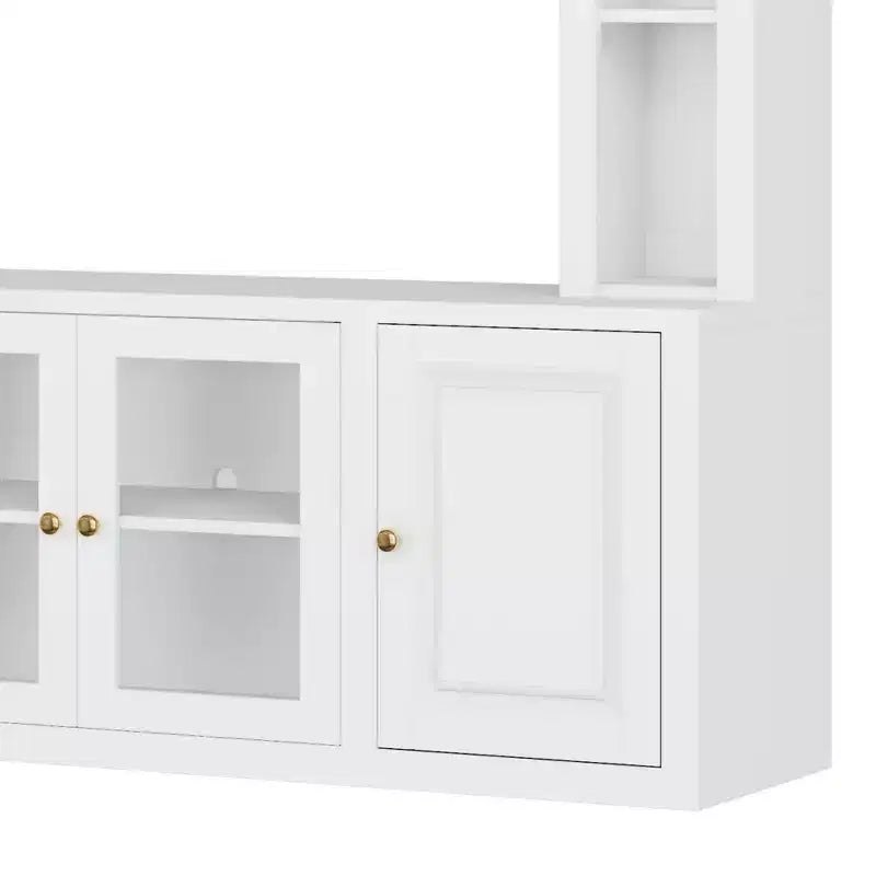 Meuble TV Mural Moderne 4 Pièces, Meuble Console Multimédia avec Bibliothèques et Étagères, Grand Meuble TV avec Porte en Verre Trempé pour TV 80"