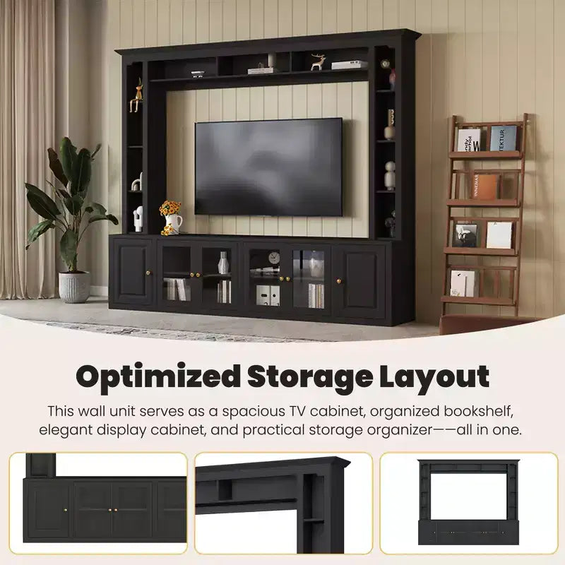 Meuble TV Mural Moderne 4 Pièces, Meuble Console Multimédia avec Bibliothèques et Étagères, Grand Meuble TV avec Porte en Verre Trempé pour TV 80"