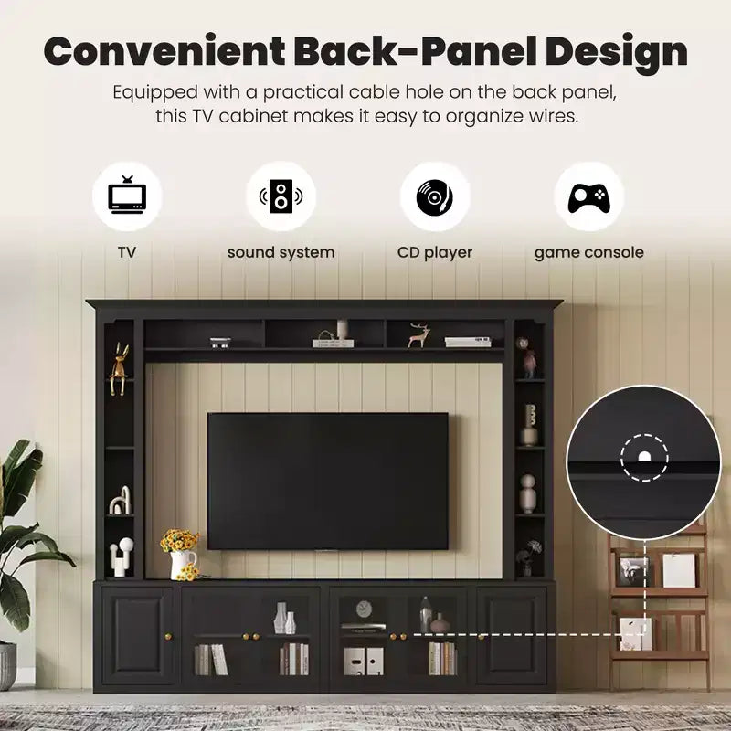 Meuble TV Mural Moderne 4 Pièces, Meuble Console Multimédia avec Bibliothèques et Étagères, Grand Meuble TV avec Porte en Verre Trempé pour TV 80"