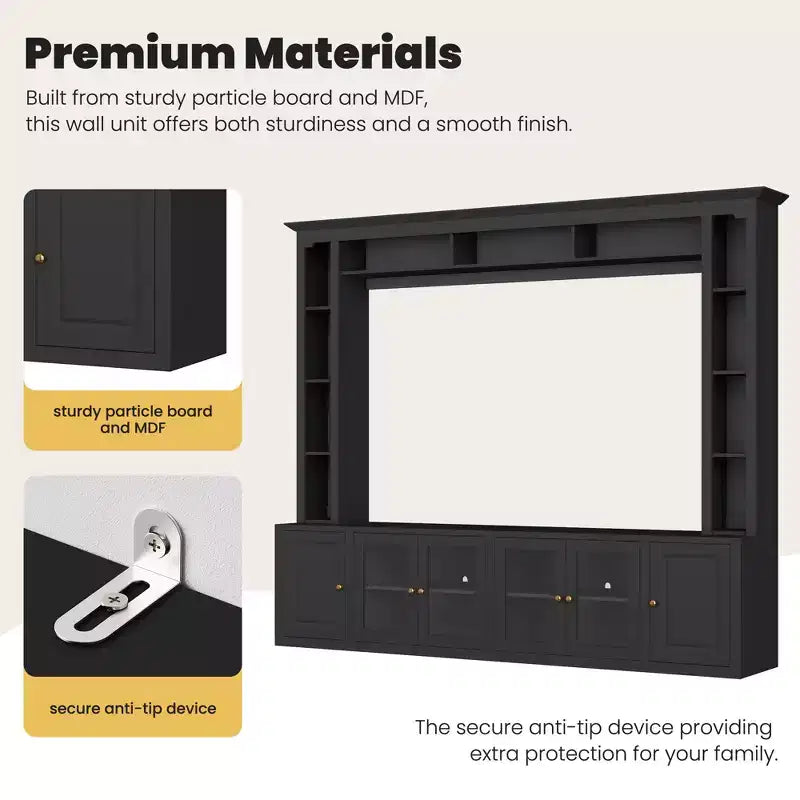 Meuble TV Mural Moderne 4 Pièces, Meuble Console Multimédia avec Bibliothèques et Étagères, Grand Meuble TV avec Porte en Verre Trempé pour TV 80"