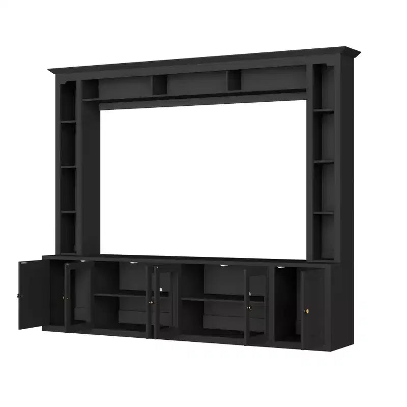 Meuble TV Mural Moderne 4 Pièces, Meuble Console Multimédia avec Bibliothèques et Étagères, Grand Meuble TV avec Porte en Verre Trempé pour TV 80"
