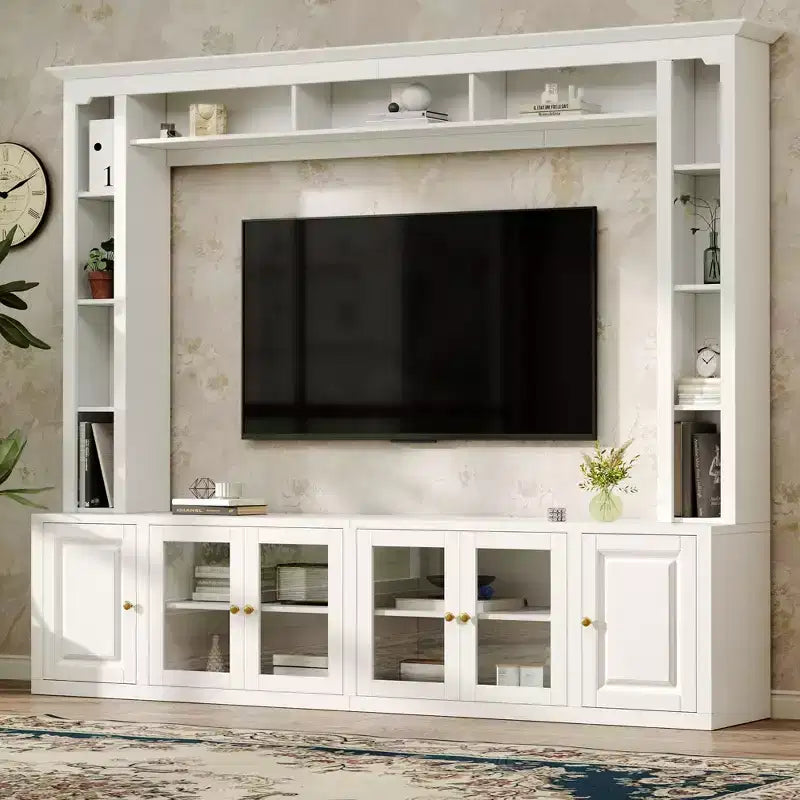 Meuble TV Mural Moderne 4 Pièces, Meuble Console Multimédia avec Bibliothèques et Étagères, Grand Meuble TV avec Porte en Verre Trempé pour TV 80"