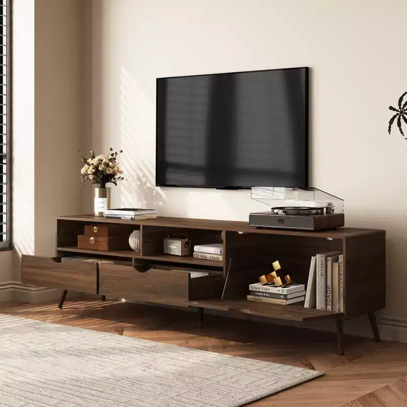 Meuble TV vintage avec tiroirs pour téléviseur de 80 pouces, console multimédia avec rangement, meuble de rangement TV avec porte abattante, naturel