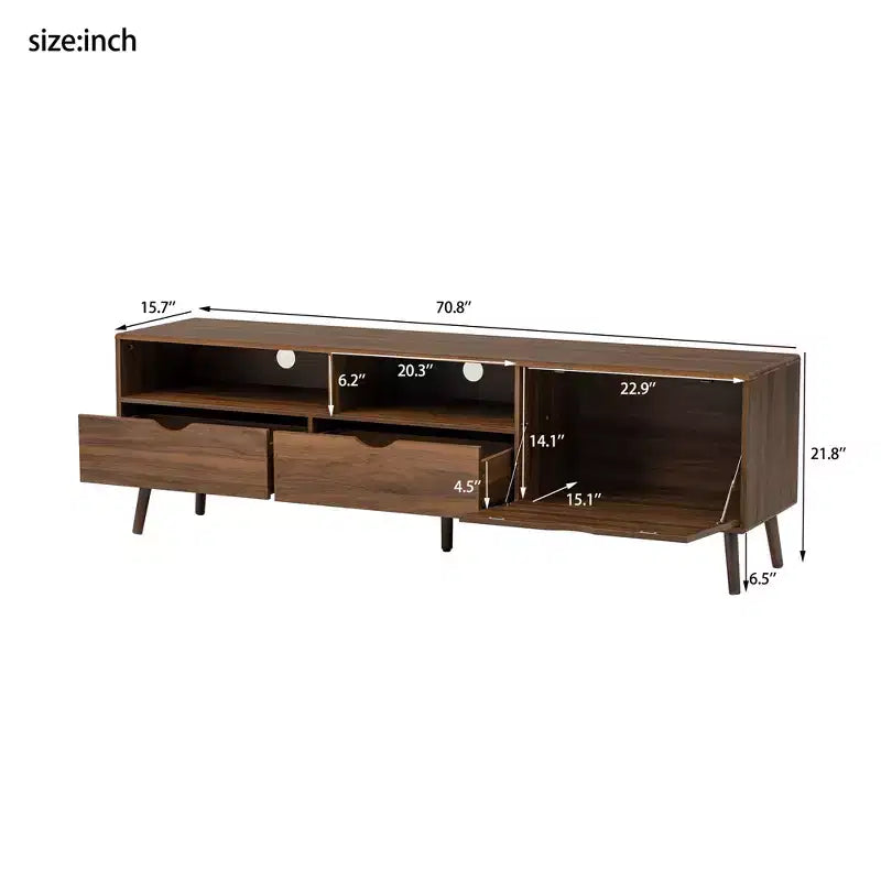 Meuble TV vintage avec tiroirs pour téléviseur de 80 pouces, console multimédia avec rangement, meuble de rangement TV avec porte abattante, naturel