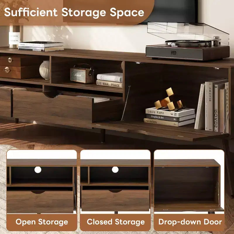 Meuble TV vintage avec tiroirs pour téléviseur de 80 pouces, console multimédia avec rangement, meuble de rangement TV avec porte abattante, naturel
