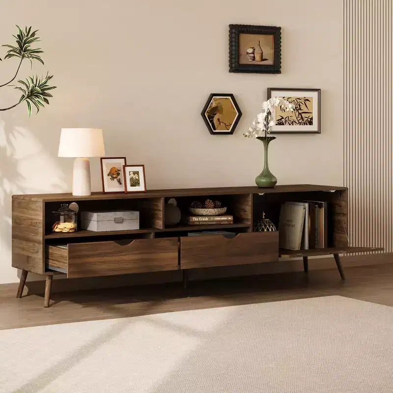 Meuble TV vintage avec tiroirs pour téléviseur de 80 pouces, console multimédia avec rangement, meuble de rangement TV avec porte abattante, naturel