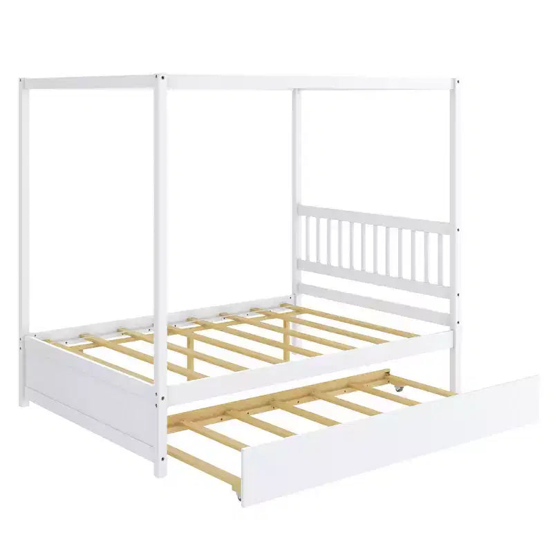 Lit à baldaquin Costway grand format avec lit gigogne, cadre de lit plateforme en bois avec tête de lit