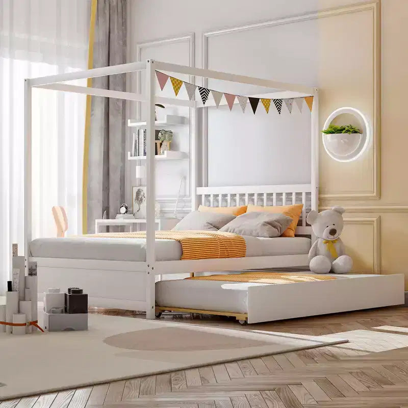 Lit à baldaquin Costway grand format avec lit gigogne, cadre de lit plateforme en bois avec tête de lit
