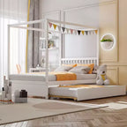 Lit à baldaquin Costway grand format avec lit gigogne, cadre de lit plateforme en bois avec tête de lit