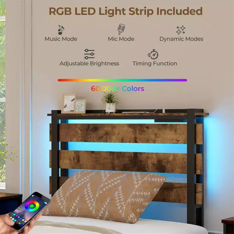 Cadre de lit double Costway avec tiroirs, lumières LED, prises et ports USB, contrôle intelligent par application