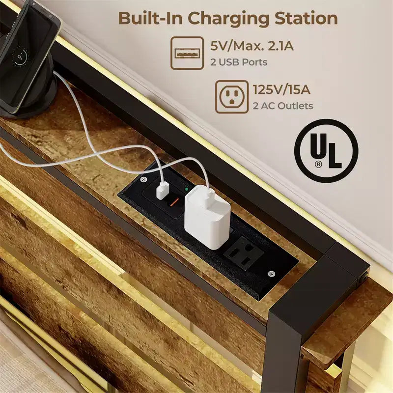 Cadre de lit double Costway avec tiroirs, lumières LED, prises et ports USB, contrôle intelligent par application