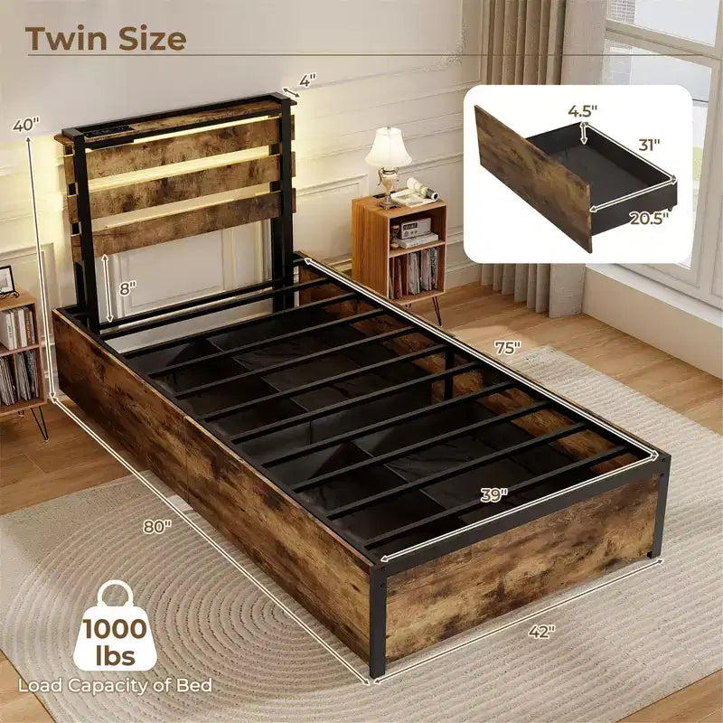 Cadre de lit double Costway avec tiroirs, lumières LED, prises et ports USB, contrôle intelligent par application