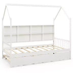 Costway Twin House Daybed with Trundle Wooden Bed 8 Storage Shelf Compartments White