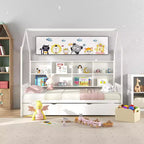 Lit de repos double Costway en forme de maison avec tiroir-lit en bois, 8 compartiments de rangement, blanc