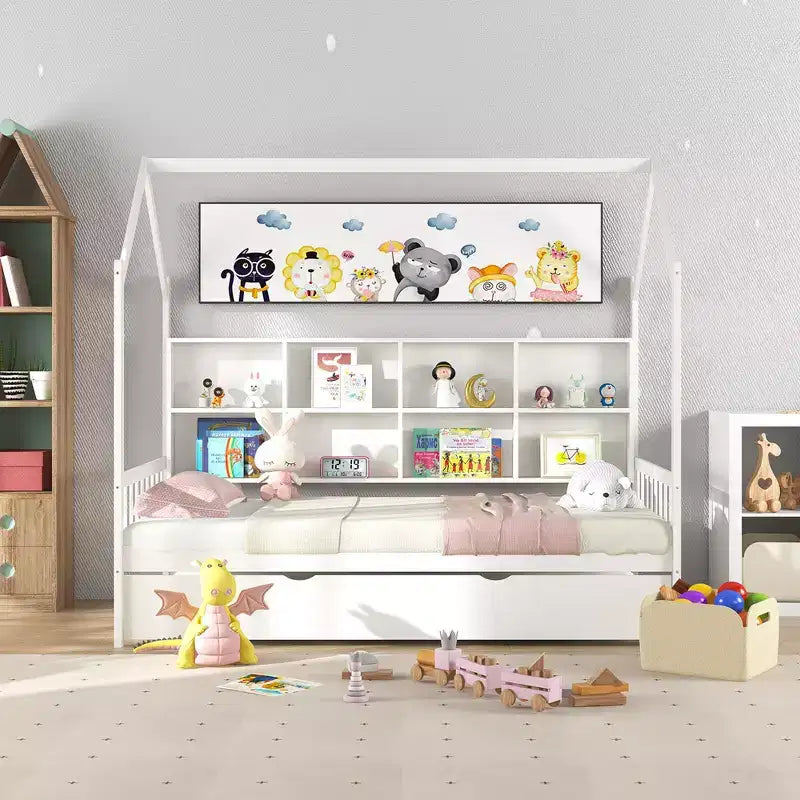 Lit de repos double Costway en forme de maison avec tiroir-lit en bois, 8 compartiments de rangement, blanc