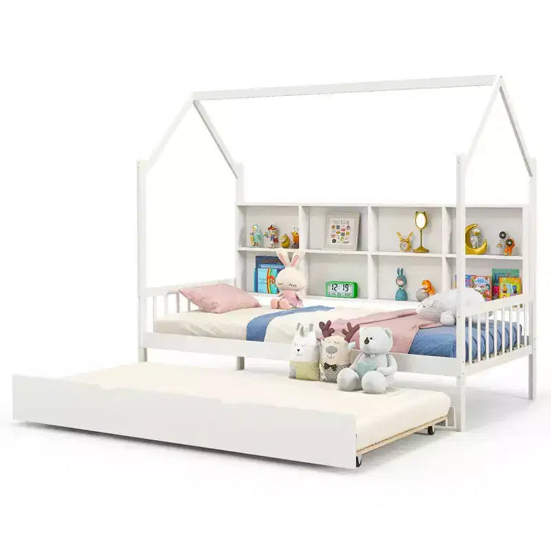 Lit de repos double Costway en forme de maison avec tiroir-lit en bois, 8 compartiments de rangement, blanc