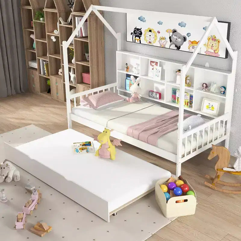 Lit de repos double Costway en forme de maison avec tiroir-lit en bois, 8 compartiments de rangement, blanc