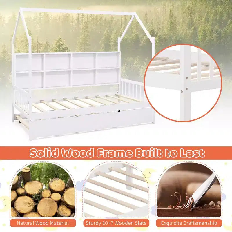 Lit de repos double Costway en forme de maison avec tiroir-lit en bois, 8 compartiments de rangement, blanc