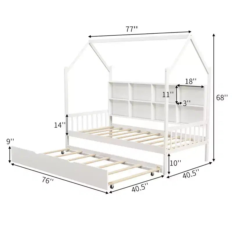 Lit de repos double Costway en forme de maison avec tiroir-lit en bois, 8 compartiments de rangement, blanc