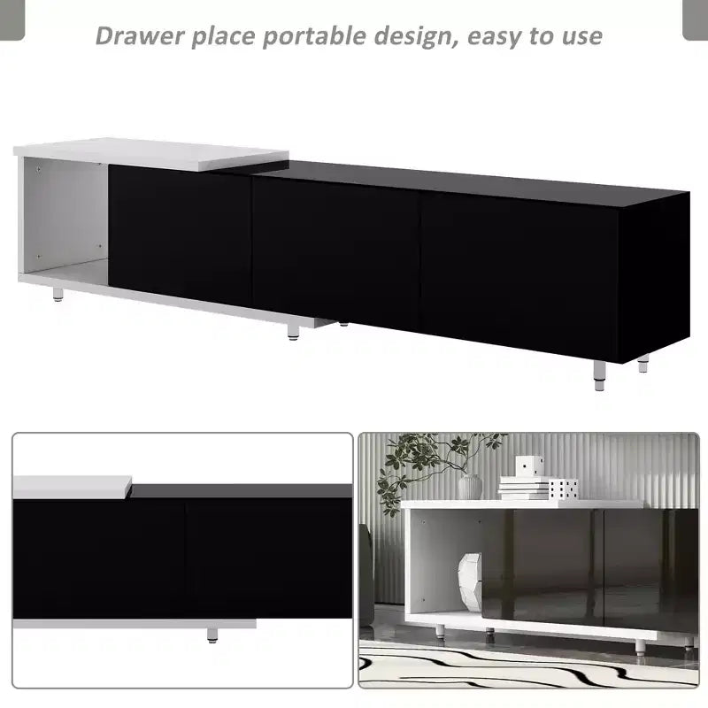Meuble TV moderne pour téléviseurs de 80 pouces, meuble de rangement TV en bois avec 3 tiroirs, meuble TV/console multimédia avec pieds réglables et étagère ouverte
