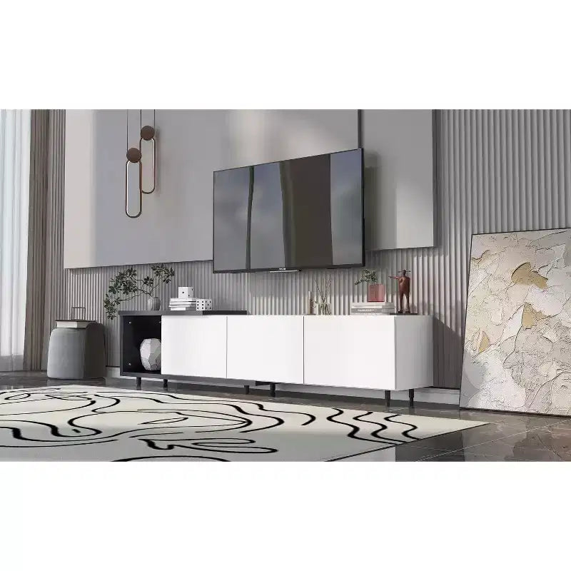Meuble TV moderne pour téléviseurs de 80 pouces, meuble de rangement TV en bois avec 3 tiroirs, meuble TV/console multimédia avec pieds réglables et étagère ouverte