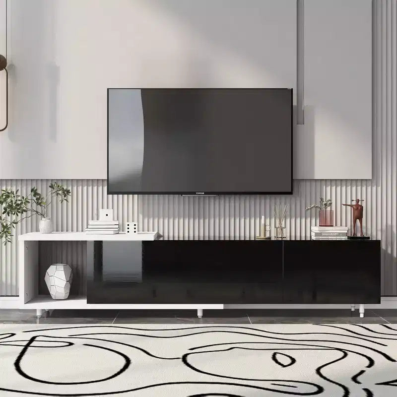 Meuble TV moderne pour téléviseurs de 80 pouces, meuble de rangement TV en bois avec 3 tiroirs, meuble TV/console multimédia avec pieds réglables et étagère ouverte