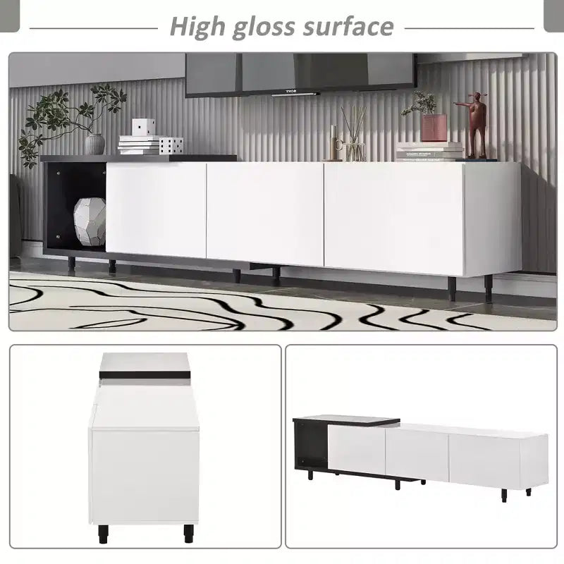 Meuble TV moderne pour téléviseurs de 80 pouces, meuble de rangement TV en bois avec 3 tiroirs, meuble TV/console multimédia avec pieds réglables et étagère ouverte