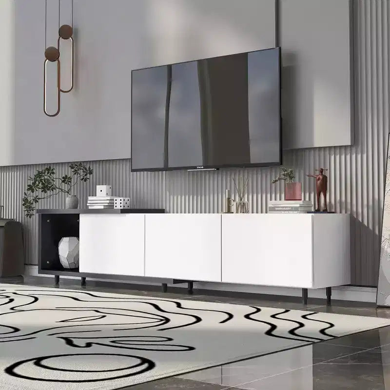 Meuble TV moderne pour téléviseurs de 80 pouces, meuble de rangement TV en bois avec 3 tiroirs, meuble TV/console multimédia avec pieds réglables et étagère ouverte