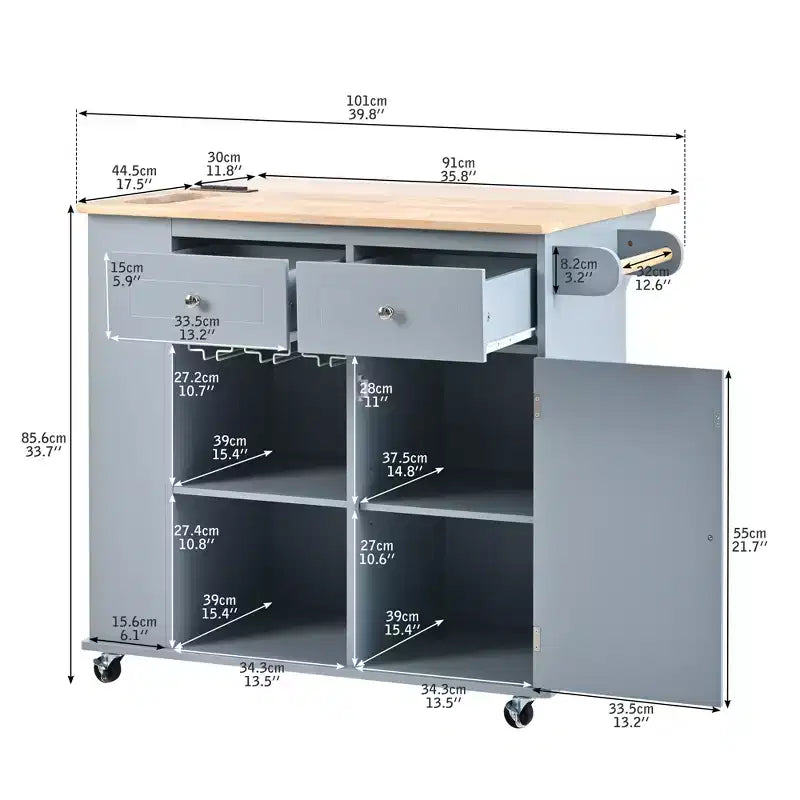 Îlot de cuisine avec prise électrique, chariot de cuisine roulant avec abattant et roulettes, rangement ouvert et porte-bouteilles pour salle à manger