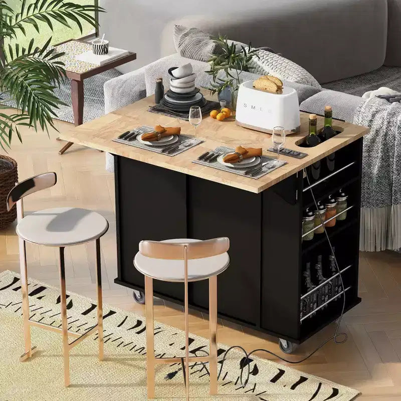 Îlot de cuisine avec prise électrique, chariot de cuisine roulant avec abattant et roulettes, rangement ouvert et porte-bouteilles pour salle à manger