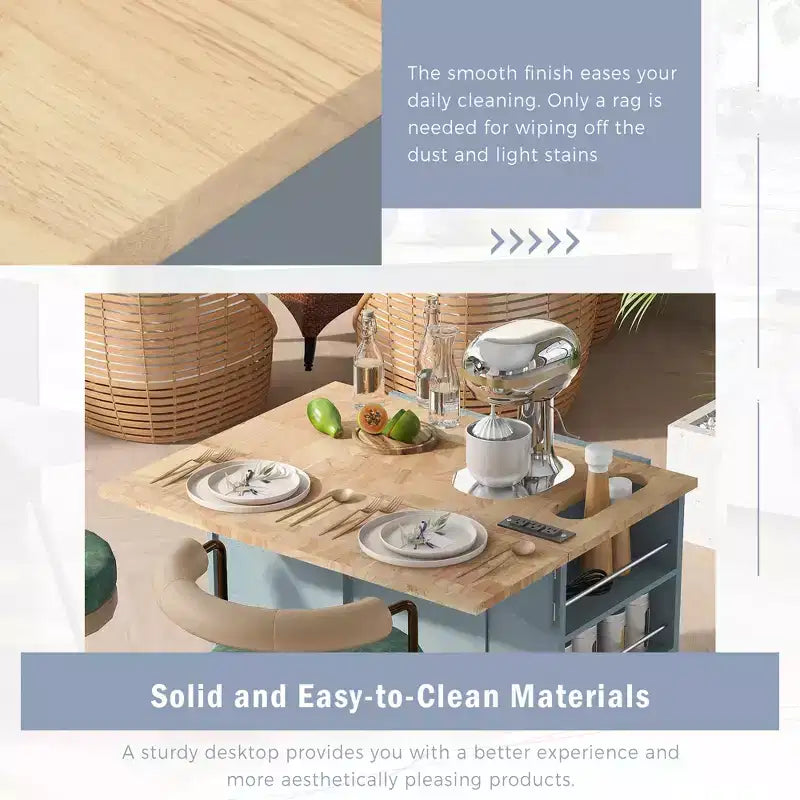 Îlot de cuisine avec prise électrique, chariot de cuisine roulant avec abattant et roulettes, rangement ouvert et porte-bouteilles pour salle à manger