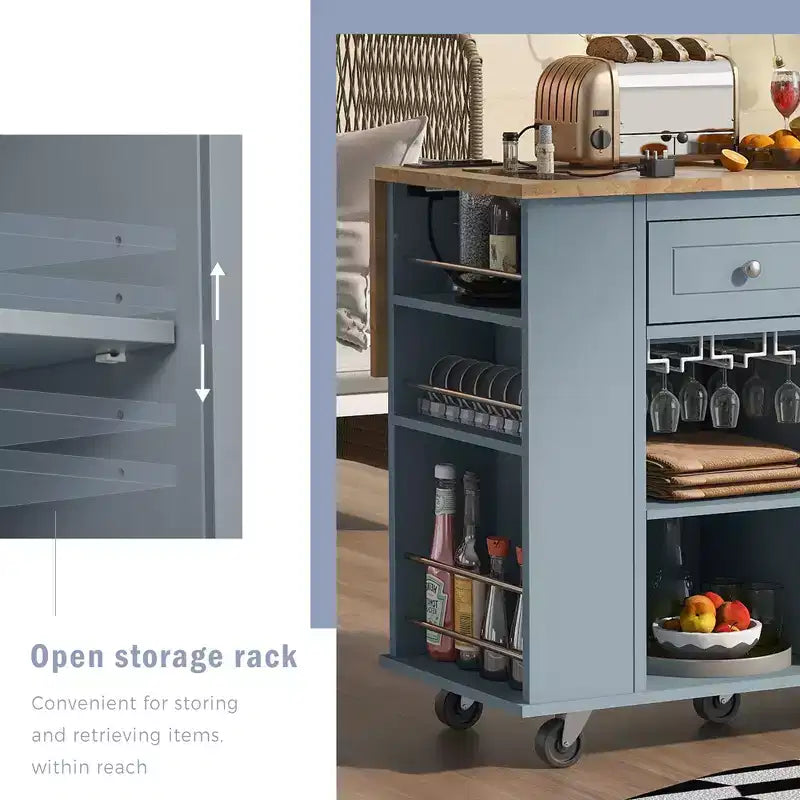 Îlot de cuisine avec prise électrique, chariot de cuisine roulant avec abattant et roulettes, rangement ouvert et porte-bouteilles pour salle à manger