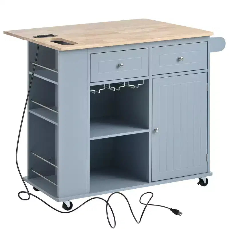Îlot de cuisine avec prise électrique, chariot de cuisine roulant avec abattant et roulettes, rangement ouvert et porte-bouteilles pour salle à manger