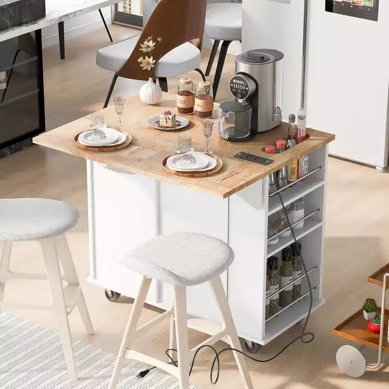 Îlot de cuisine avec prise électrique, chariot de cuisine roulant avec abattant et roulettes, rangement ouvert et porte-bouteilles pour salle à manger
