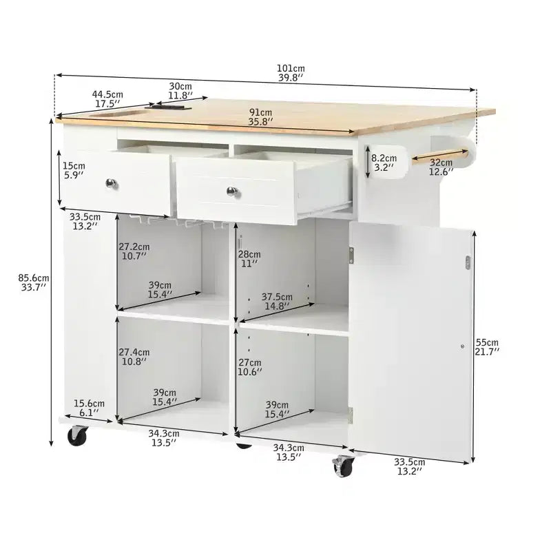 Îlot de cuisine avec prise électrique, chariot de cuisine roulant avec abattant et roulettes, rangement ouvert et porte-bouteilles pour salle à manger