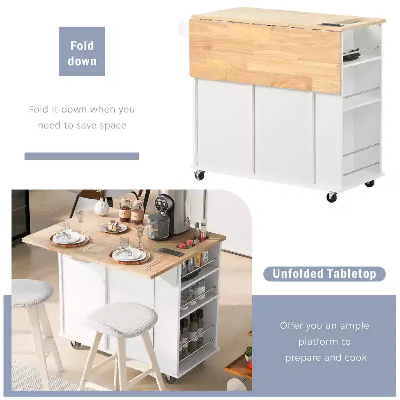 Îlot de cuisine avec prise électrique, chariot de cuisine roulant avec abattant et roulettes, rangement ouvert et porte-bouteilles pour salle à manger